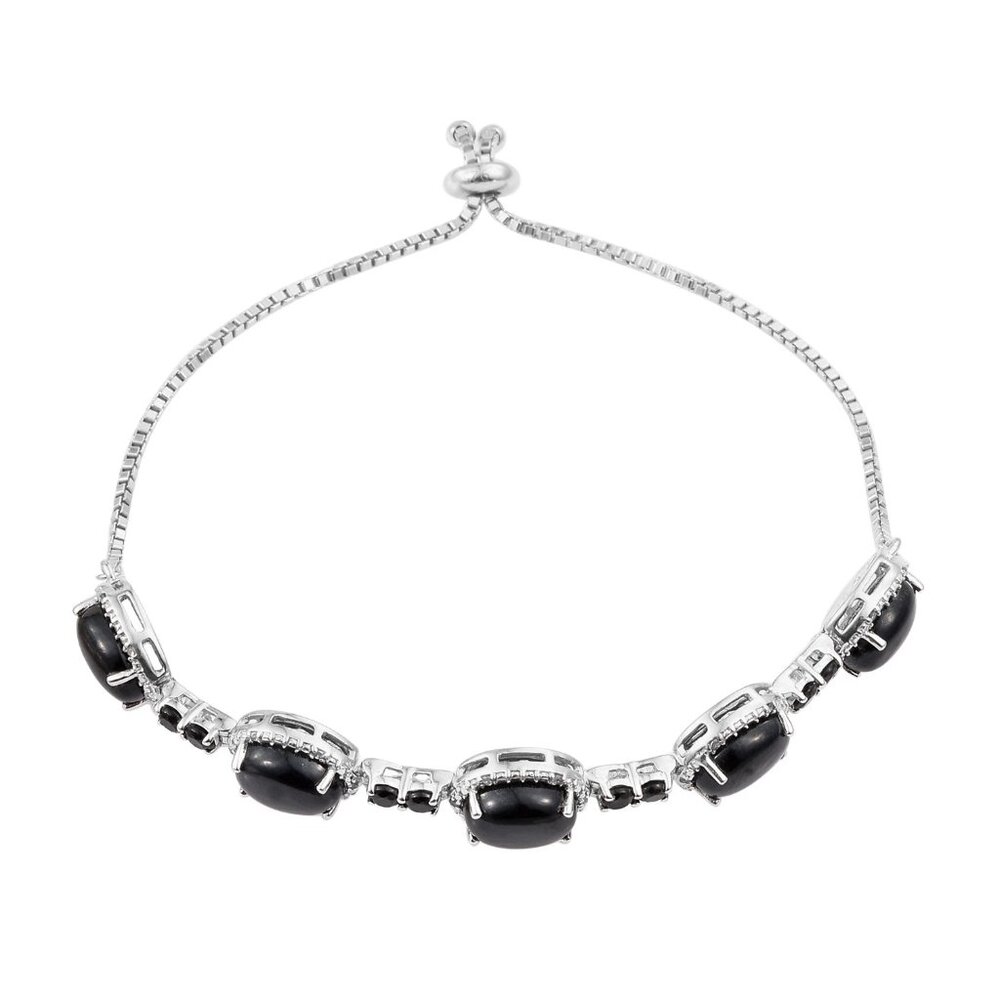 Sterling Silver Bracelet With Rhodium Plating And Charcoal Jade, Black Spinel, N